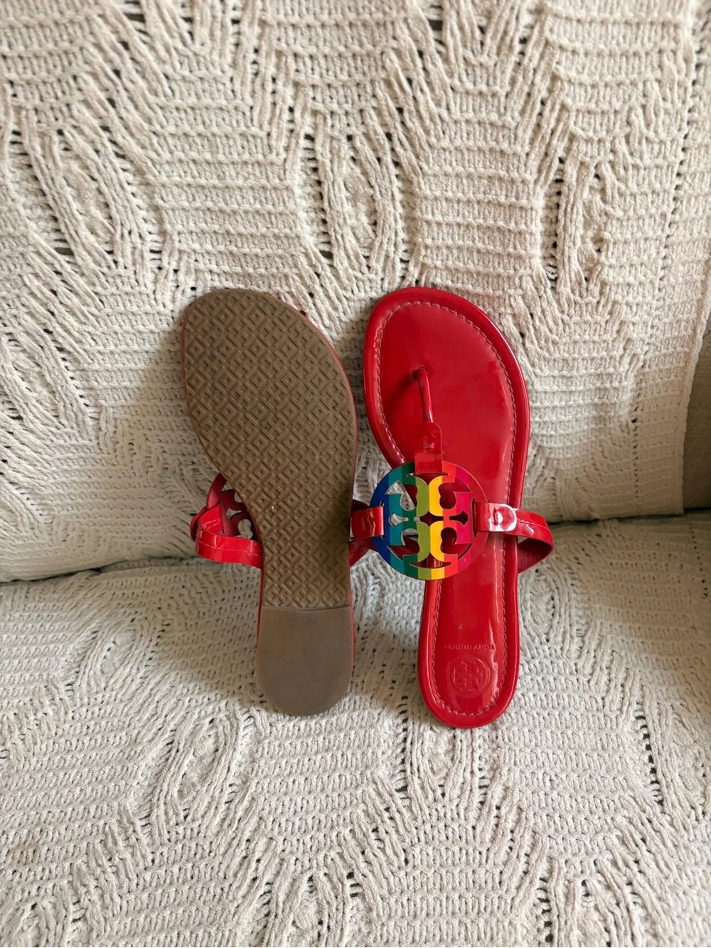 Tory Burch Red Patent Leather Sandals with Rainbow Logo Medallion